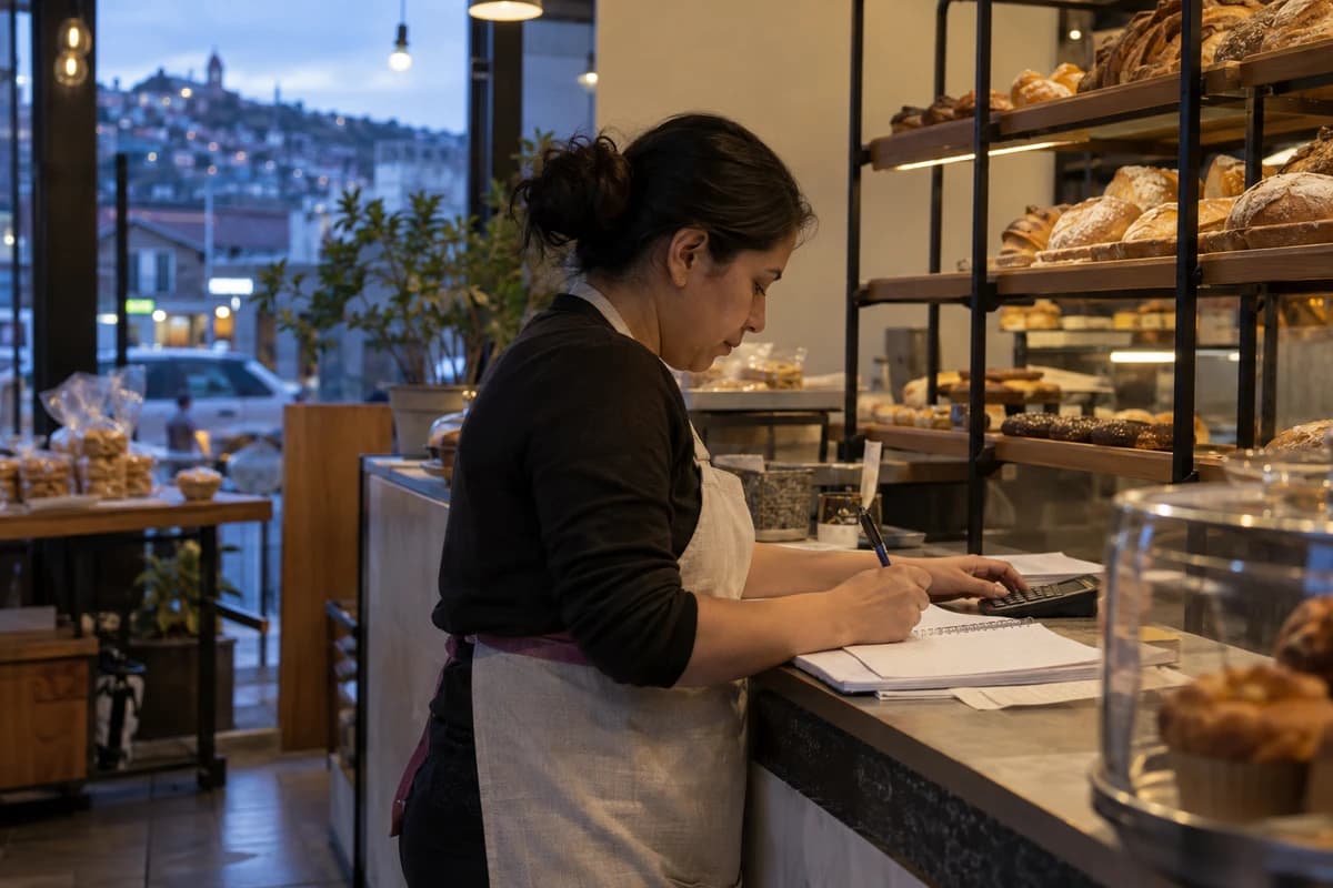 Panadería de barrio en Quito al cierre: la dueña saca las cuentas del día con una calculadora y un cuaderno sobre el mostrador.