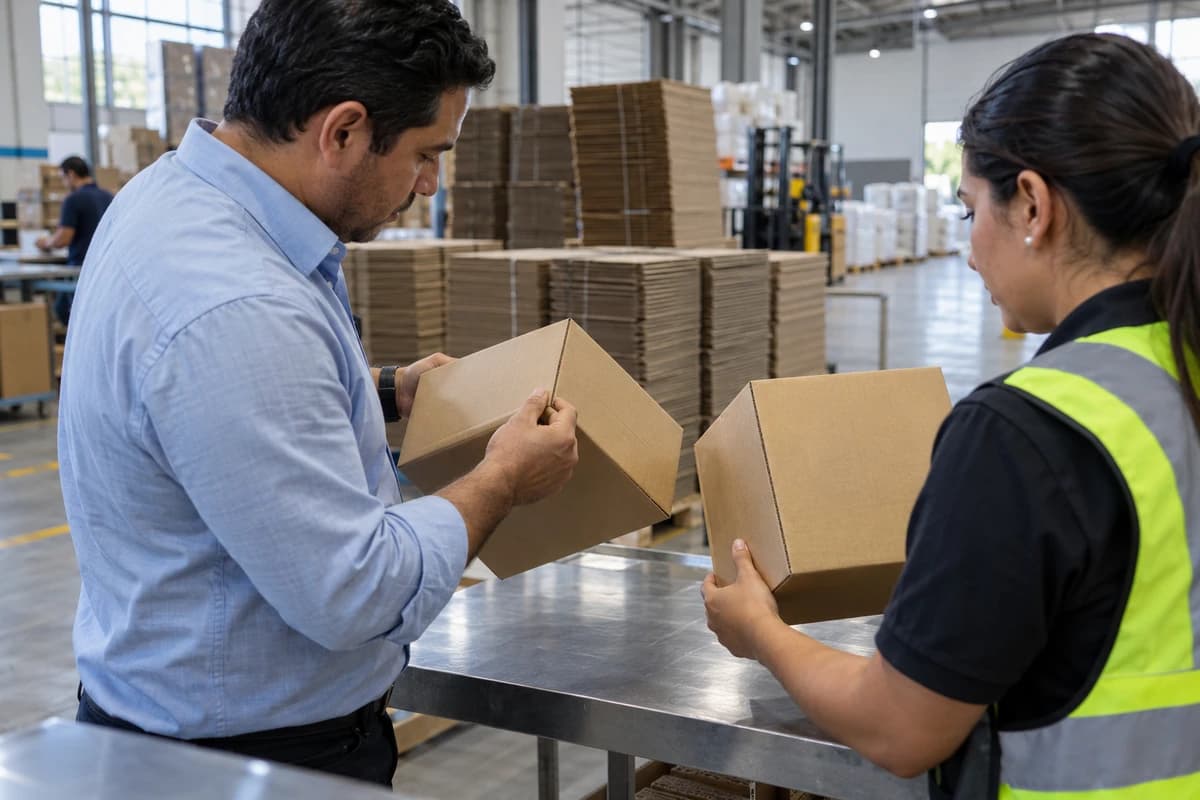 Bodega en Guayaquil: un jefe de compras y una analista de calidad comparan dos muestras de cajas de cartón antes de elegir proveedor.