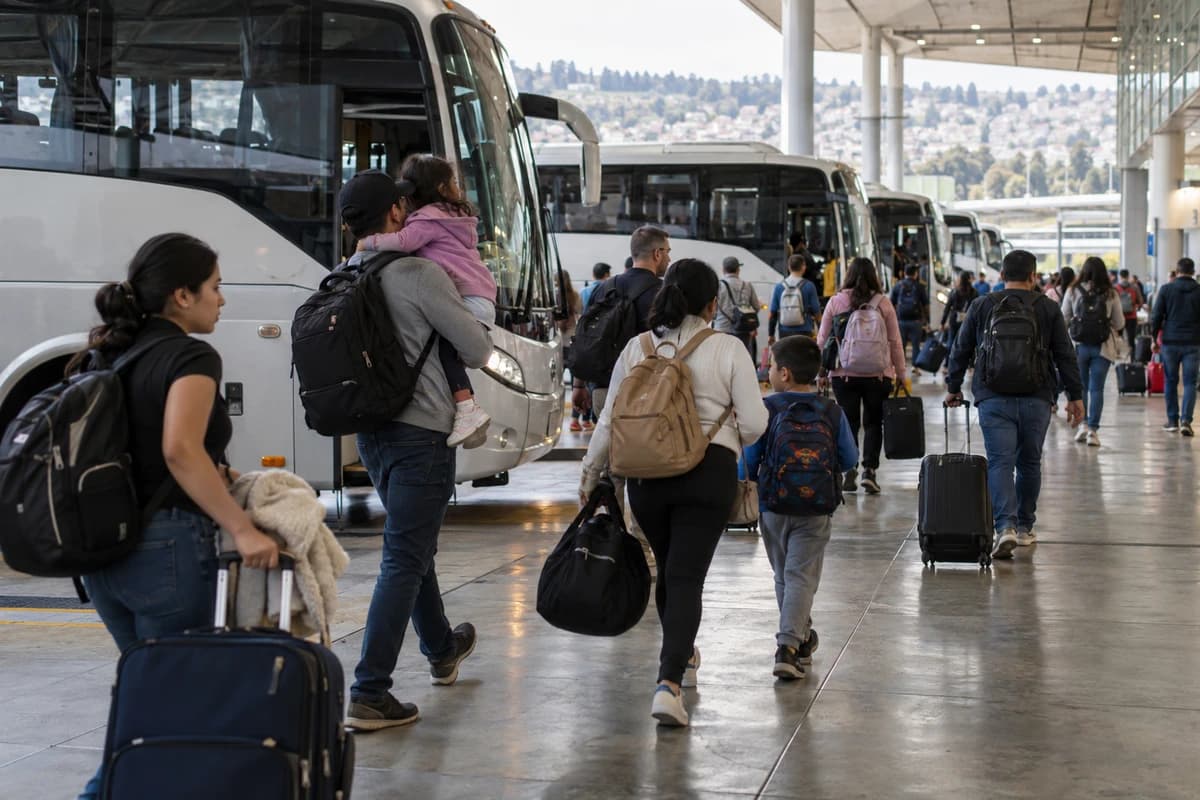 Terminal terrestre de Quito en víspera de feriado: viajeros con maletas caminan hacia los buses interprovinciales.