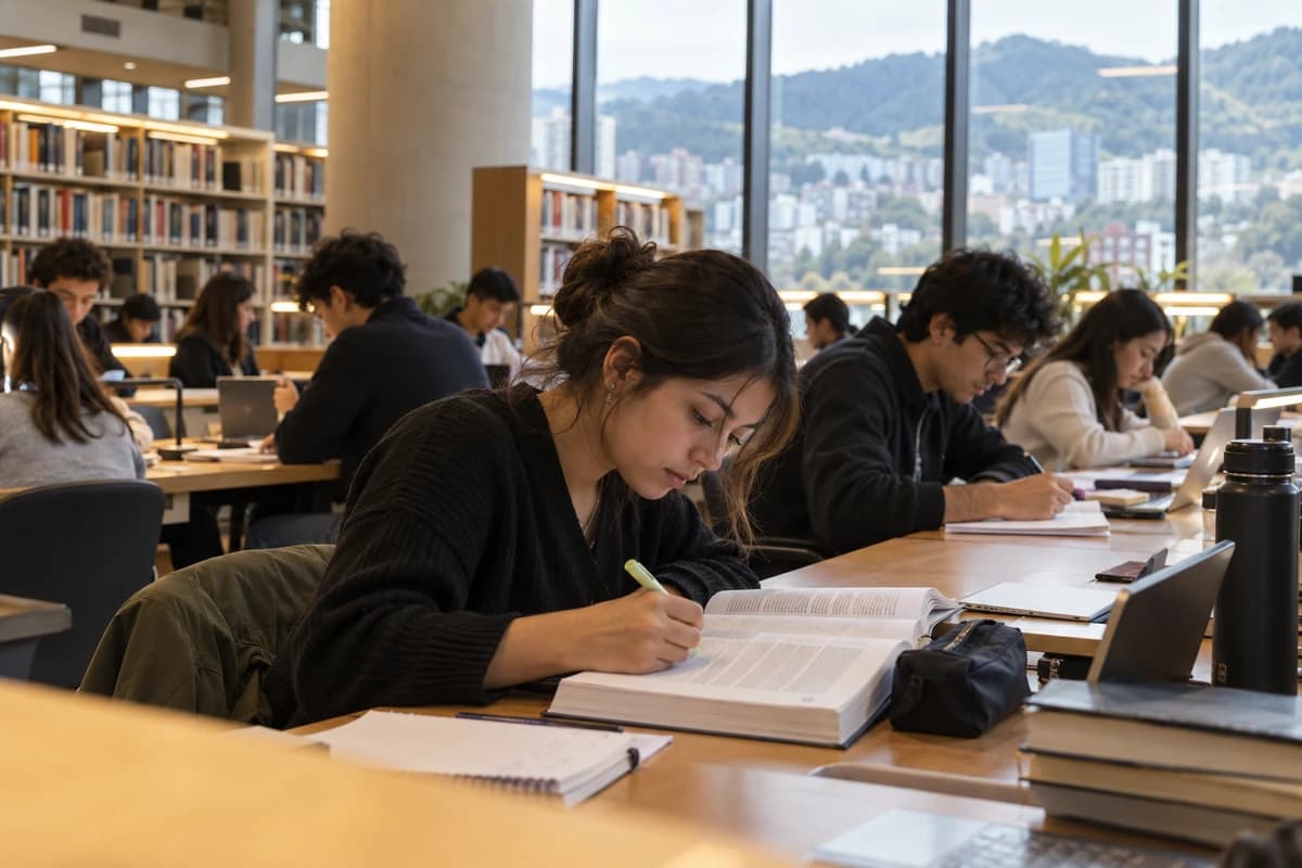 Biblioteca universitaria en Quito: estudiantes leen y toman notas; una joven subraya un libro de texto.