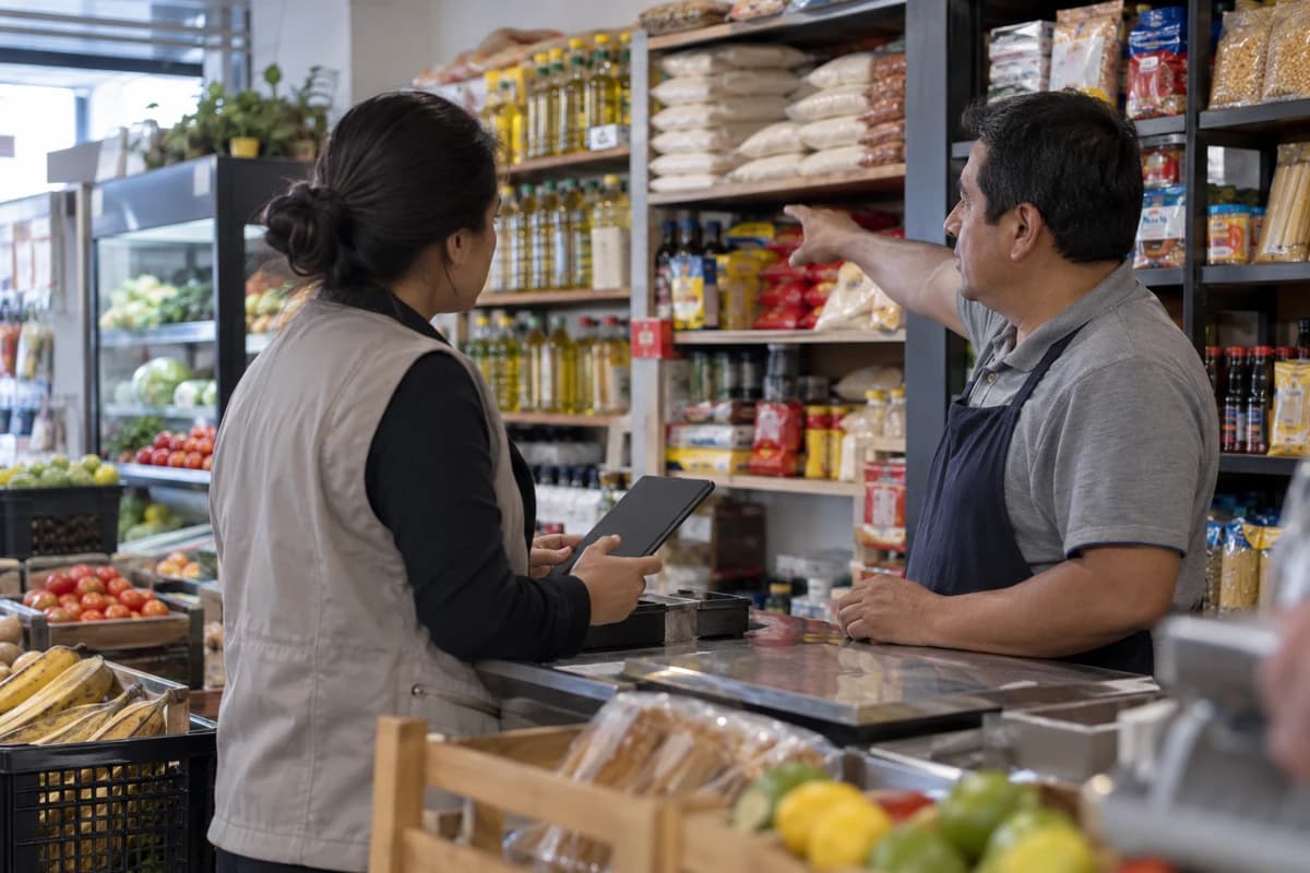Tienda de barrio en Quito: una encuestadora de precios con tableta conversa con el tendero, que le señala un producto de la estantería.