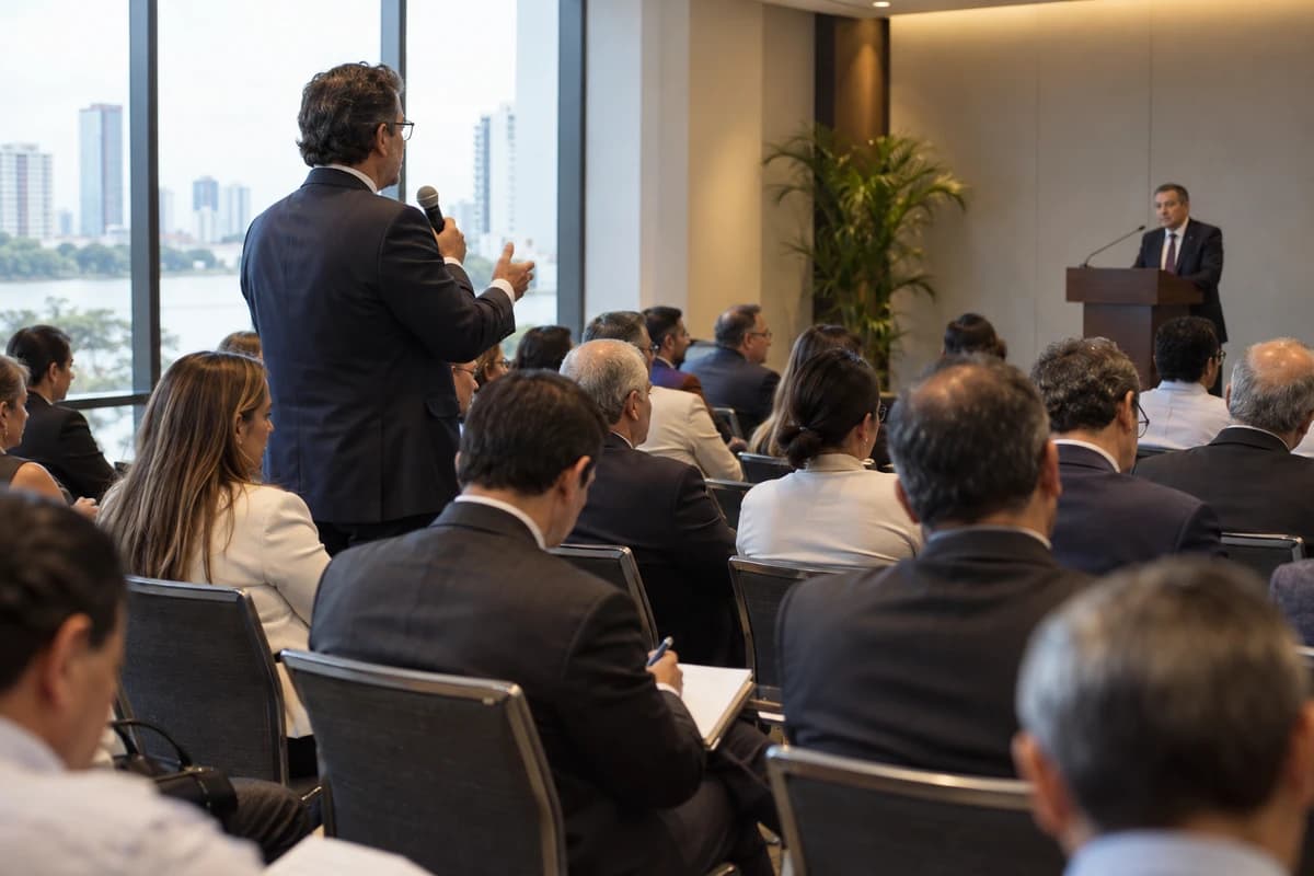 Asamblea de un gremio empresarial en Guayaquil: los socios escuchan a un expositor y uno de ellos toma el micrófono para preguntar.