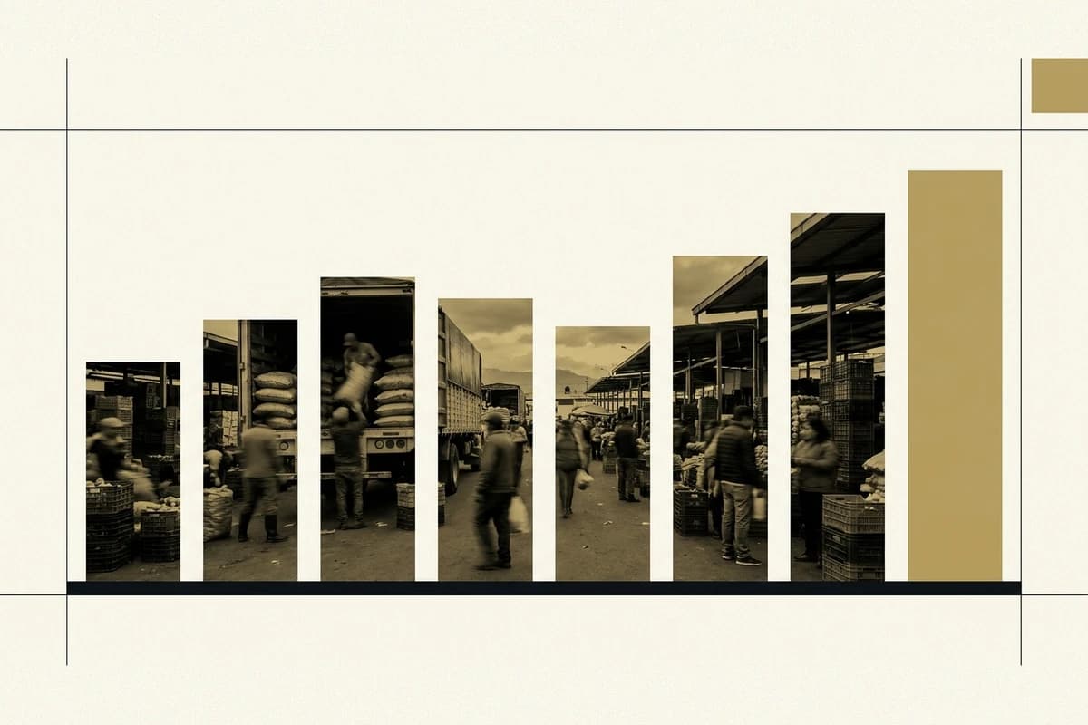 Ilustración: la foto del mercado mayorista del sur de Quito al amanecer, cortada en ocho barras que suben despacio con un pequeño bache; la última, en oro.