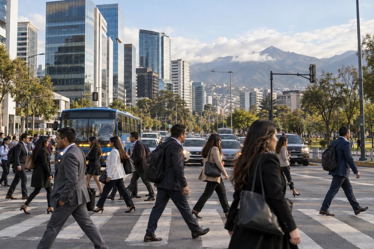 Distrito de negocios de Quito junto a La Carolina: oficinistas cruzan la avenida en la hora pico, con torres de distinta altura al fondo.