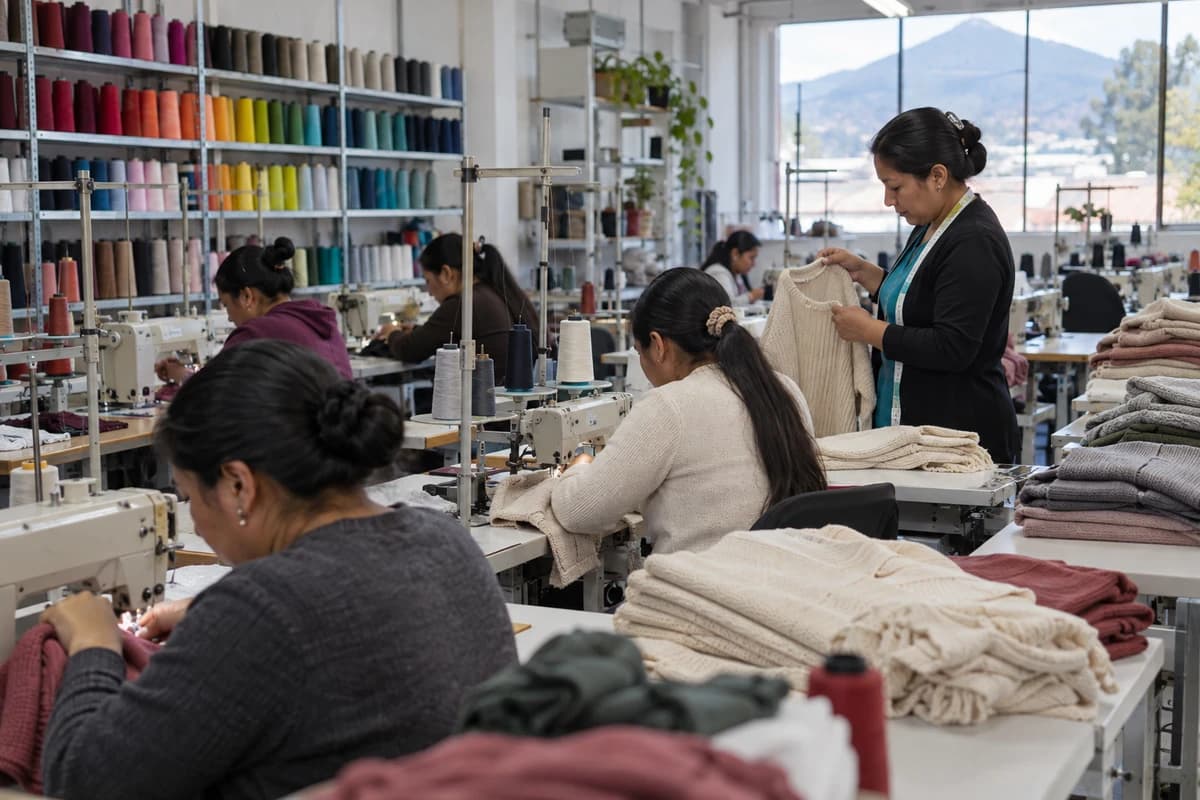 Taller textil en Atuntaqui: costureras trabajan en máquinas industriales mientras una supervisora revisa una prenda terminada.