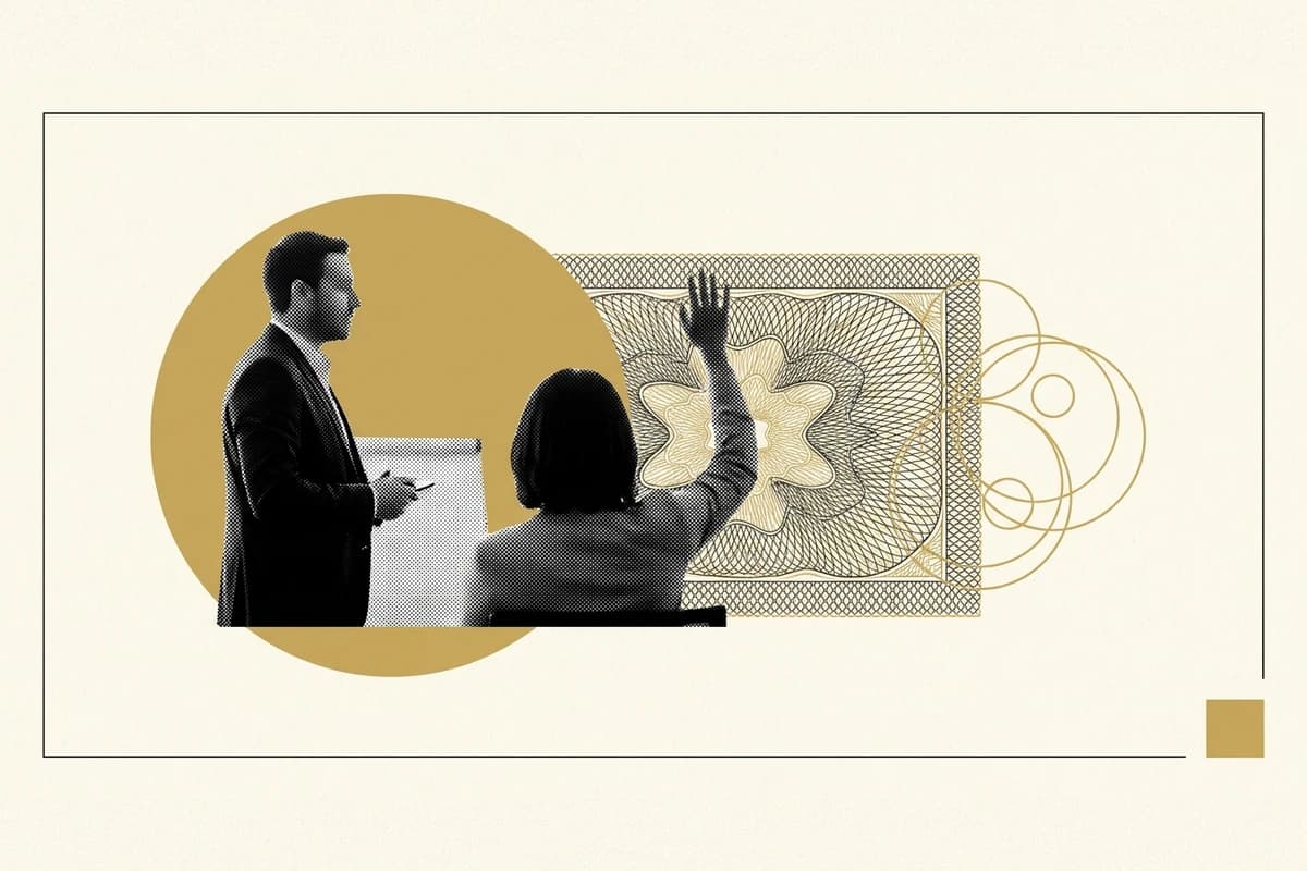 Ilustración: un facilitador dirige un taller en una empresa de Quito y una participante levanta la mano, en semitono sobre un círculo oro, junto a un guilloché y un grupo de círculos oro.