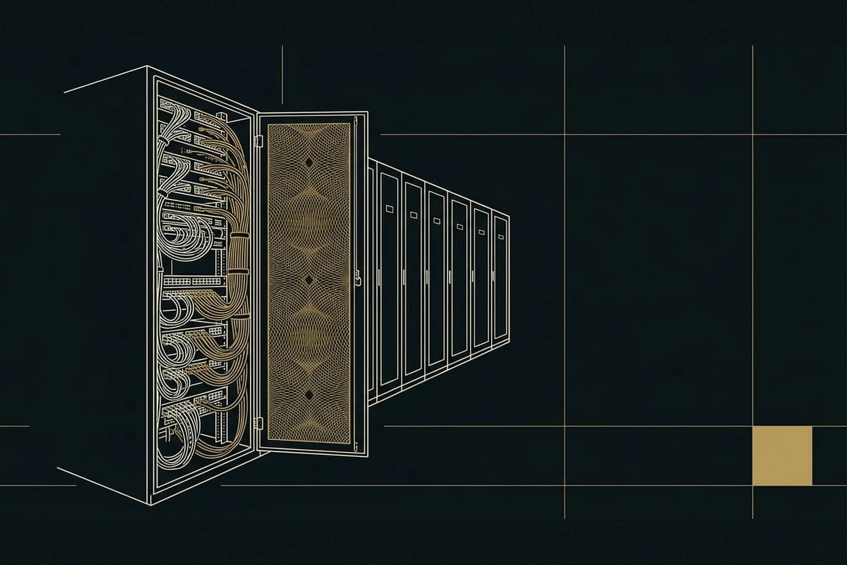 Ilustración: un rack de servidores abierto con sus cables, grabado en línea marfil y oro sobre fondo tinta, con la fila de racks en perspectiva.