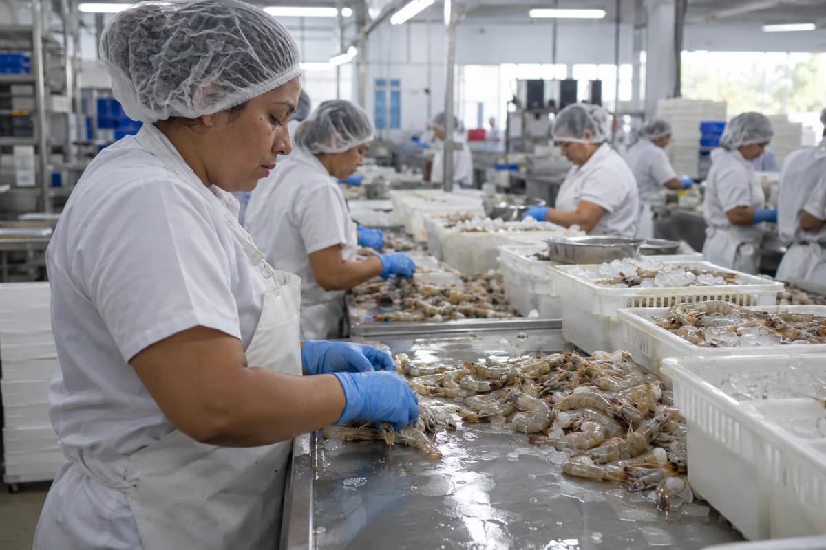 Planta empacadora de camarón en la costa ecuatoriana: trabajadores con uniforme blanco, cofia y guantes clasifican camarón fresco sobre una mesa de acero inoxidable.