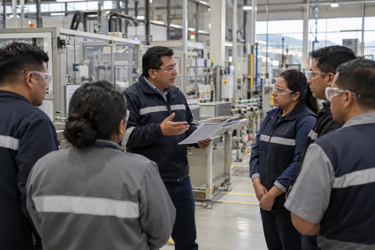 Planta de manufactura cerca de Quito: un supervisor da las indicaciones del turno de la mañana a un grupo de operarios con uniforme y gafas de seguridad.