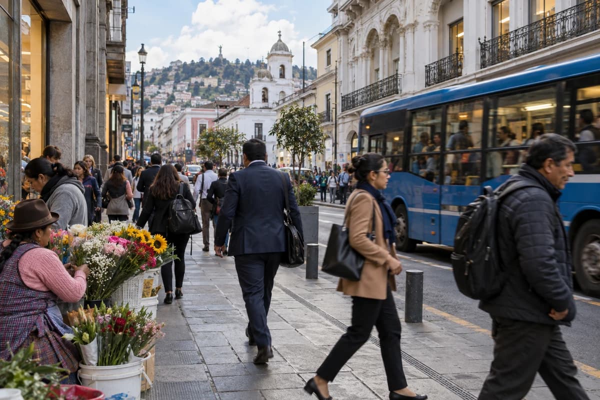 Calle comercial del centro de Quito una mañana entre semana: peatones, oficinistas y vendedores, con un bus municipal pasando.