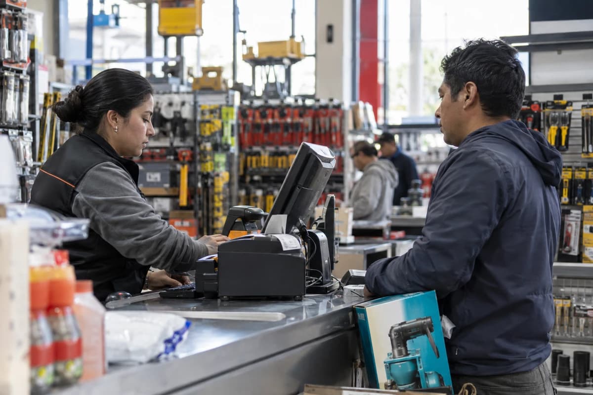 Caja de una ferretería en Quito: la cajera emite la factura en su computador mientras un cliente espera con su compra.