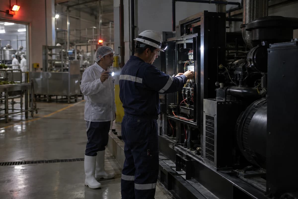 Corte de luz en una planta procesadora: un técnico de mantenimiento con linterna frontal revisa el tablero del generador de respaldo bajo las luces de emergencia.
