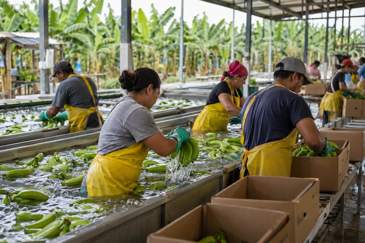 Empacadora de banano en una finca de Los Ríos: trabajadores lavan los racimos en tinas de agua y los colocan en cajas, con la plantación al fondo.