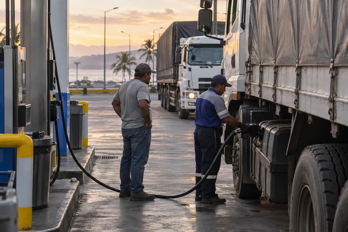 Gasolinera de carretera en la costa ecuatoriana al amanecer: un despachador carga diésel en un camión de carga mientras otro camión espera su turno.