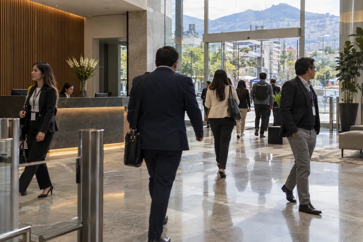 Vestíbulo de un edificio corporativo en Quito a primera hora: empleados con credencial llegan y cruzan el lobby mientras una recepcionista atiende en el mostrador.