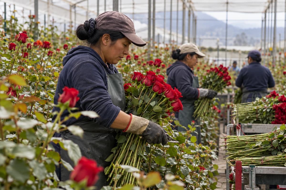 Invernadero de rosas en Cayambe: trabajadores cortan y agrupan rosas de tallo largo entre las hileras, bajo la luz filtrada del plástico.