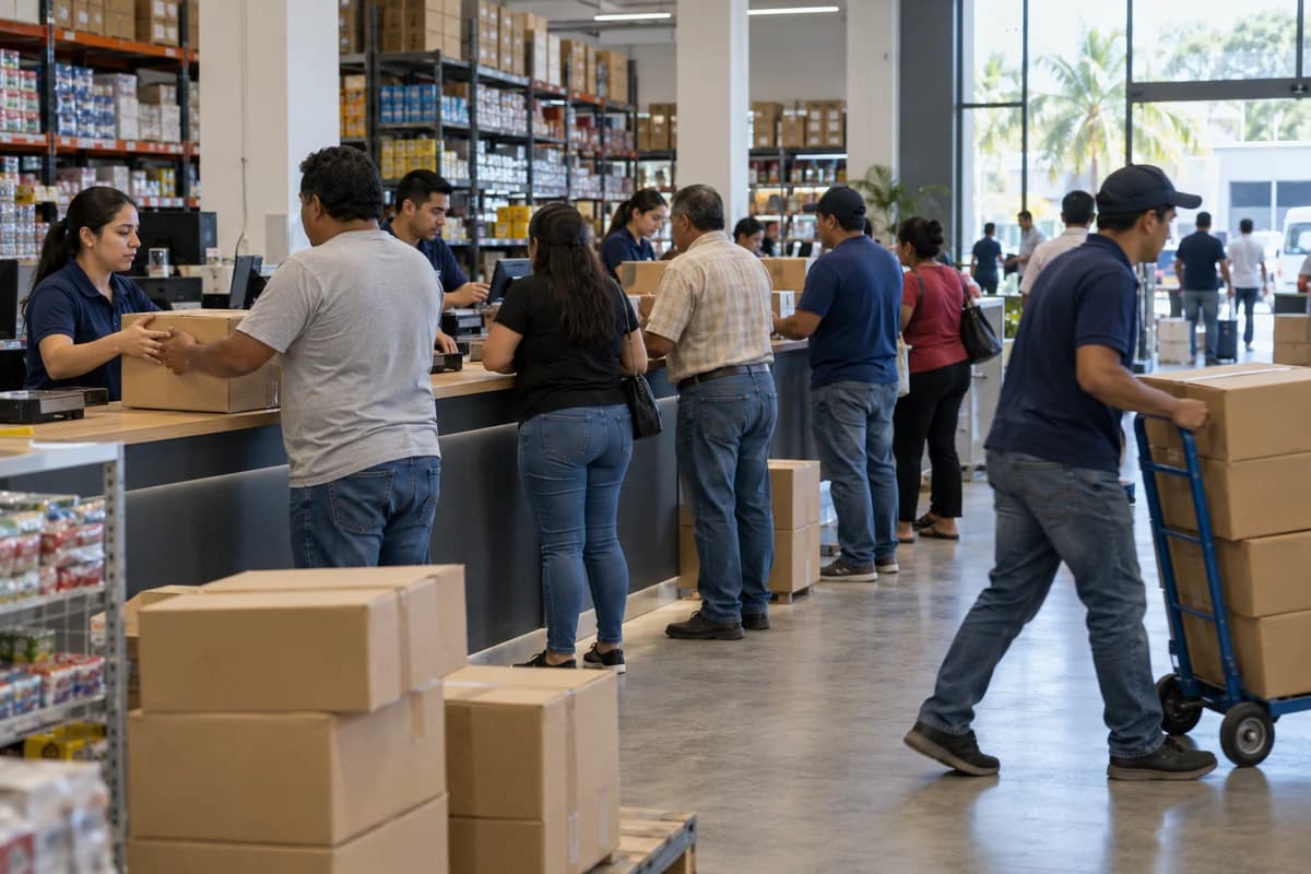 Mostrador de una distribuidora mayorista en Guayaquil al mediodía: clientes esperan mientras el personal despacha pedidos y un trabajador empuja una carretilla con cajas.