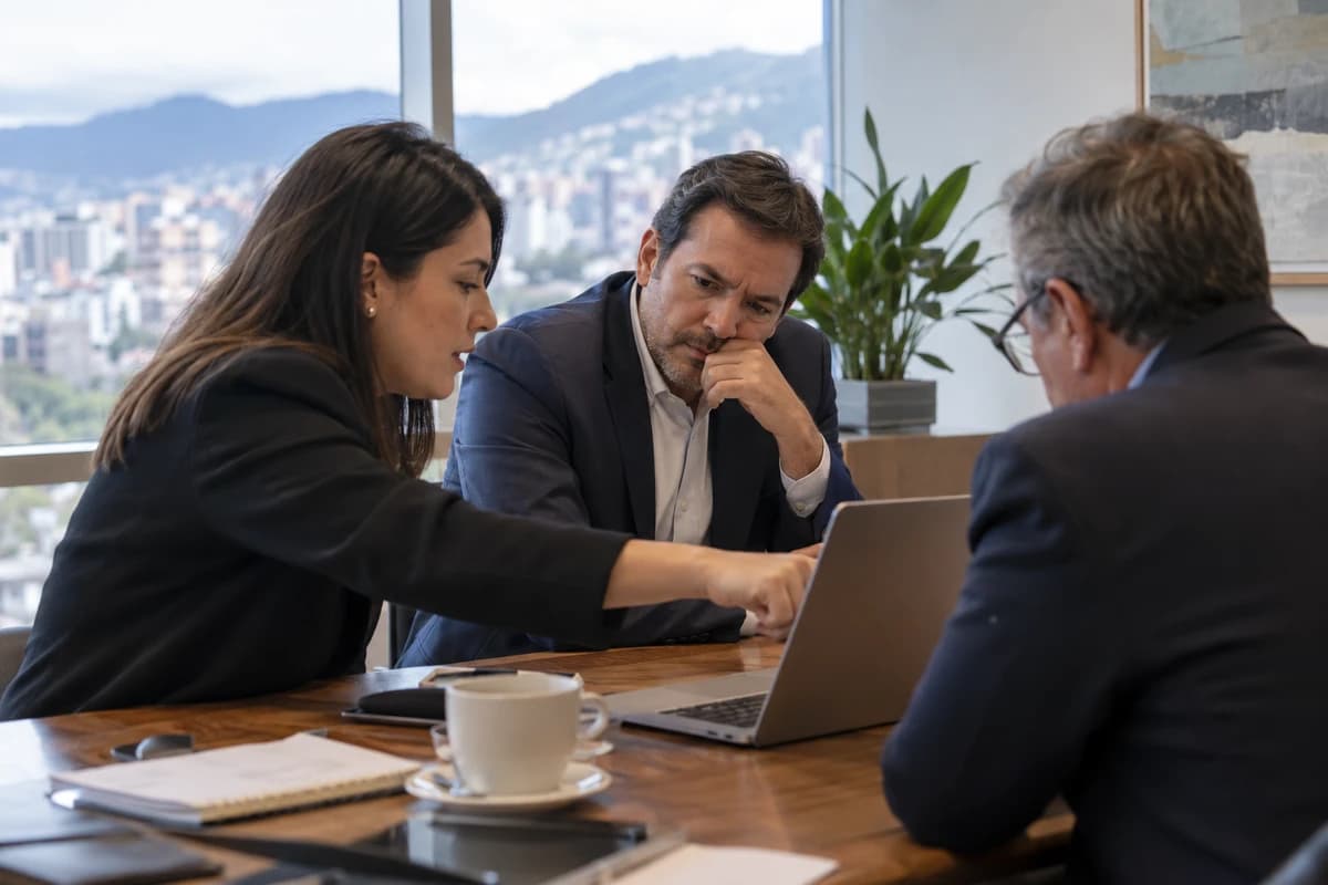 Sala de reuniones en Quito: un analista muestra cifras en su laptop al gerente general y a la directora financiera, que se inclinan para revisar.