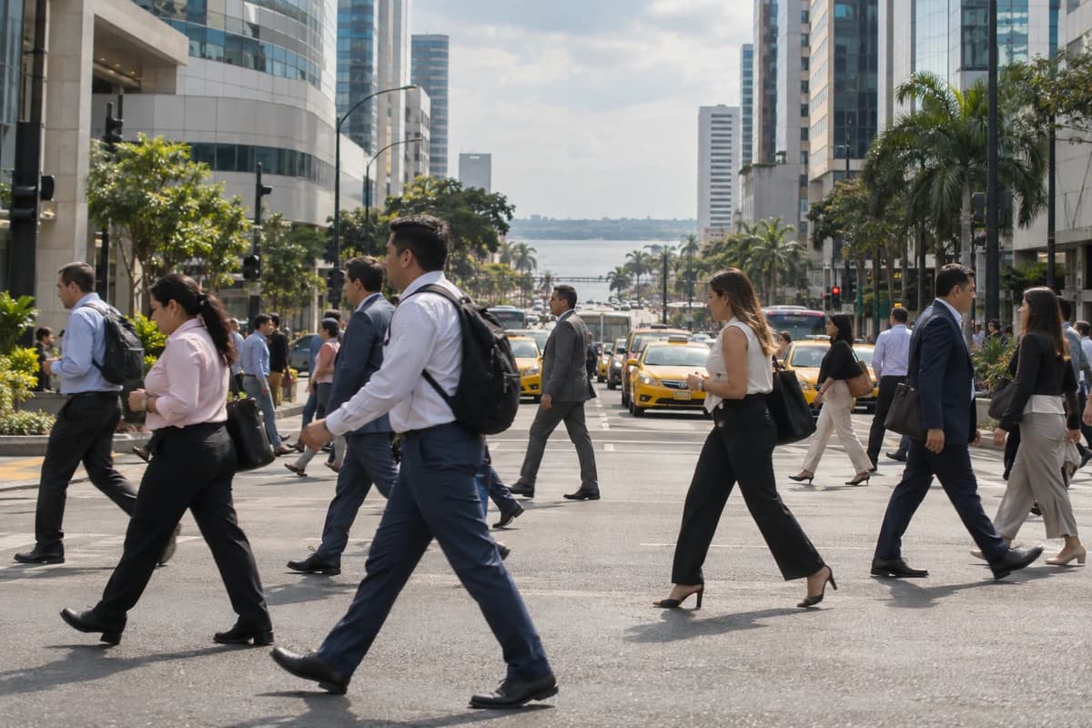 Distrito financiero de Guayaquil por la mañana: oficinistas cruzan una avenida entre torres de oficinas, con el río Guayas al fondo de la calle.