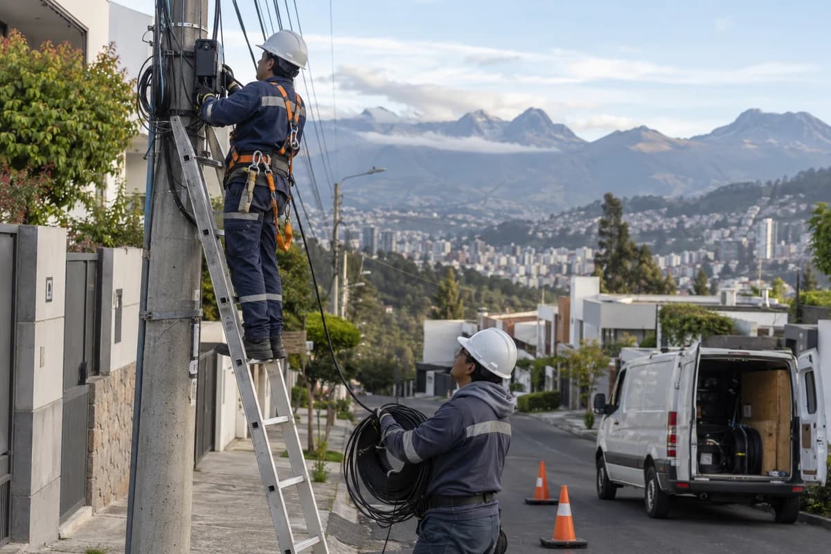 Dos técnicos de telecomunicaciones con casco y arnés instalan cable de fibra óptica en un poste de un barrio de Quito, con las montañas al fondo.