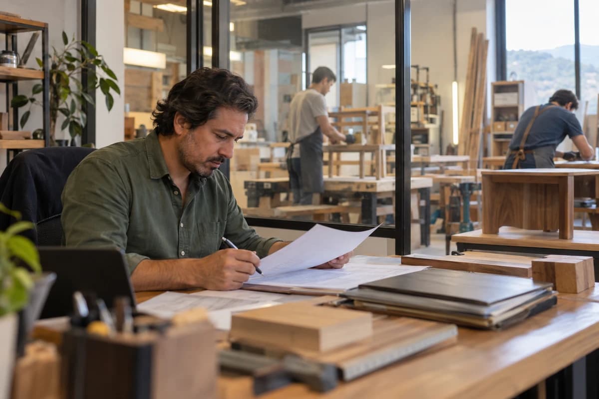 Oficina de un taller de muebles en Cuenca: el dueño revisa con un esfero una tabla de pagos de un crédito; tras el vidrio, dos carpinteros trabajan en el taller.
