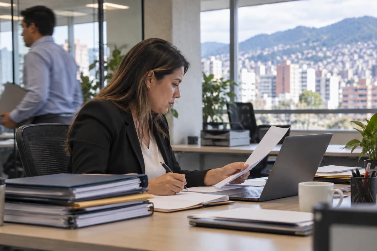 Área de compras en Quito: una jefa de compras compara el certificado impreso de un proveedor con la información de su laptop, con carpetas de proveedores sobre el escritorio.