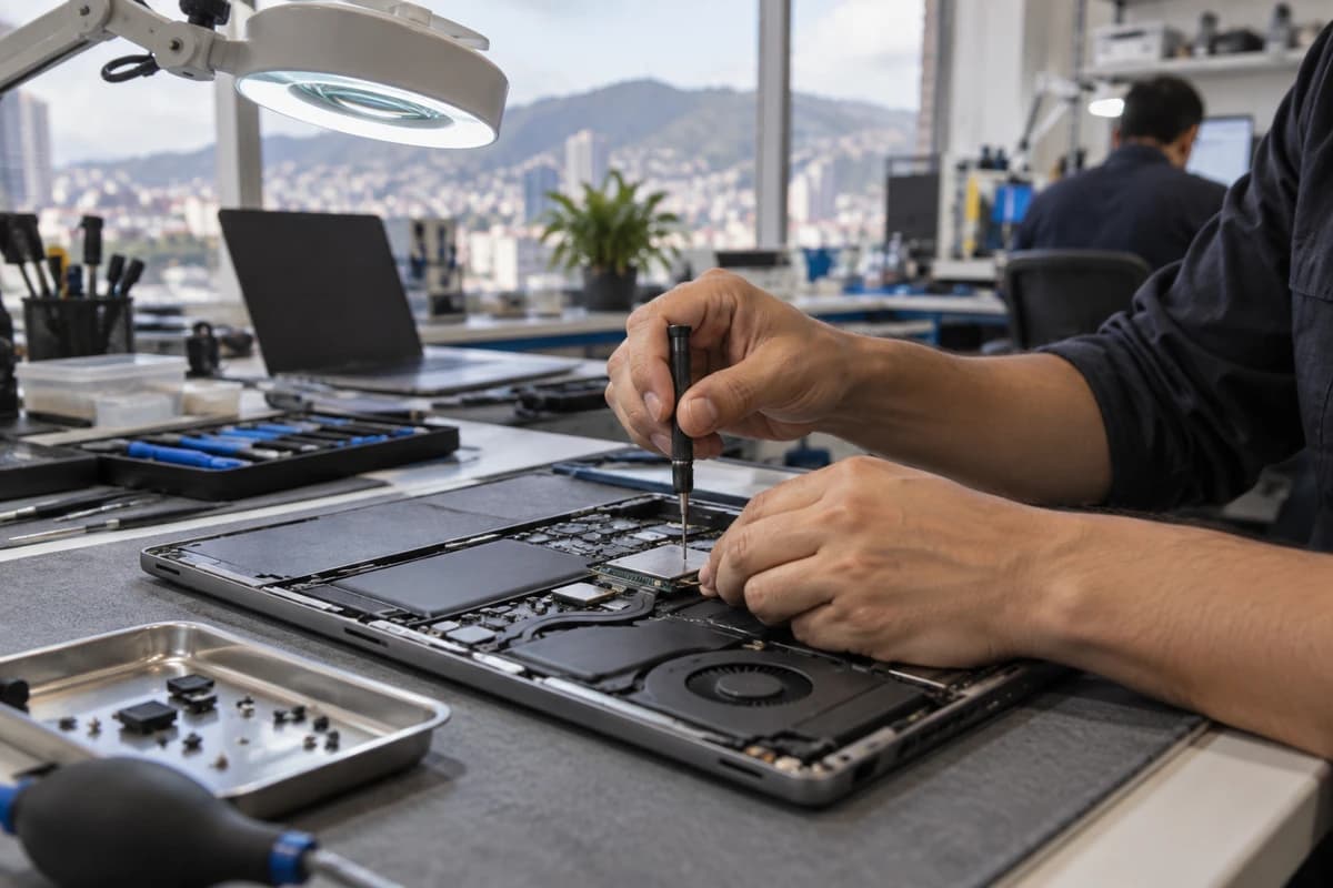 Taller de servicio técnico en Quito: las manos de un técnico retiran un componente de una laptop abierta con un destornillador de precisión, junto a una bandeja de tornillos y una lámpara de aumento.