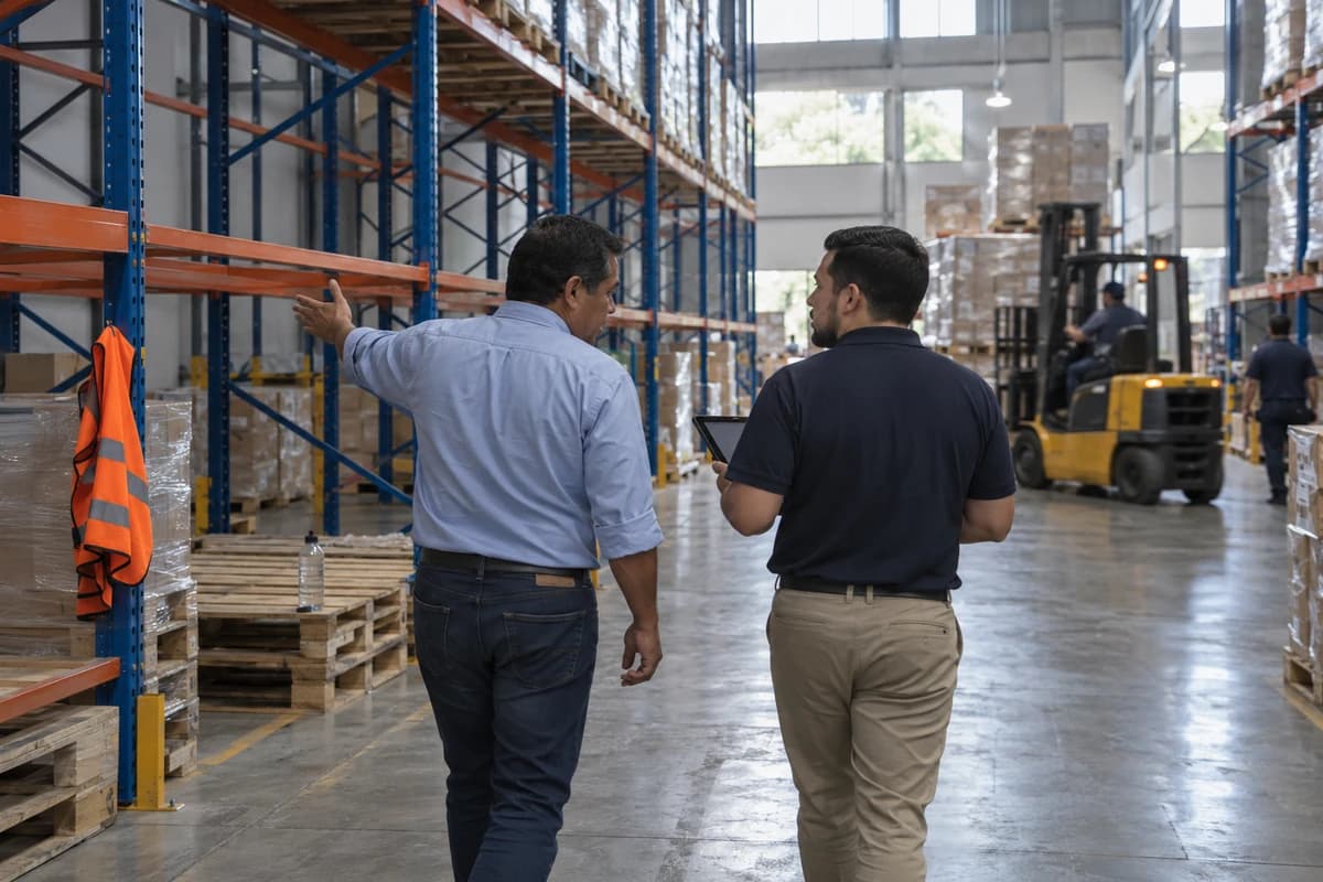 Bodega de distribución en las afueras de Guayaquil: dos responsables de operaciones caminan de espaldas por un pasillo de racks; uno señala una sección mientras el otro sostiene una tableta, con un montacargas al fondo.